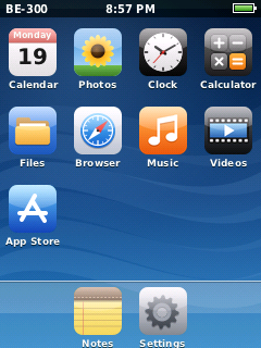 The Glaze home screen: Calendar, Photos, Clock, Calculator, Files, Browser, Music, Videos and App Store, with Notes and Settings in the dock.